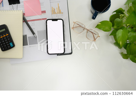 Top view smartphone with empty screen, glasses and business reports on white table Top view smartphone with empty screen, glasses and business reports on white table 112630664