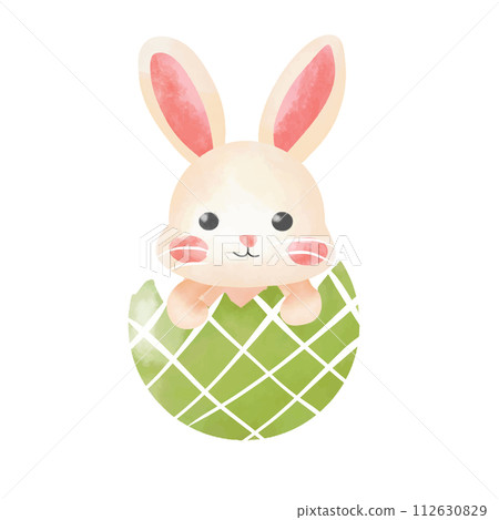 Cute Easter bunny in green cracked egg shell . Hand drawn watercolor illustration. 112630829