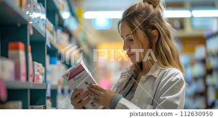 Young woman engaged in reading a book at a store. casual outfit, focused observation. lifestyle and education. AI 112630950