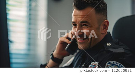 Smiling male police officer in uniform on duty. friendly law enforcer on phone call. professional public service representation. AI 112630951