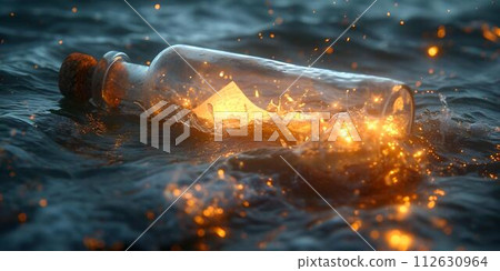 Illuminated message in a bottle adrift at sea. captivating nighttime scene. conceptual photorealistic artwork. ideal for themes of hope and mystery. AI 112630964