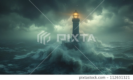 Lighthouse Standing Strong in Stormy Ocean 112631321