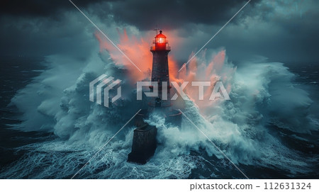 Lighthouse Standing Strong in Stormy Ocean 112631324