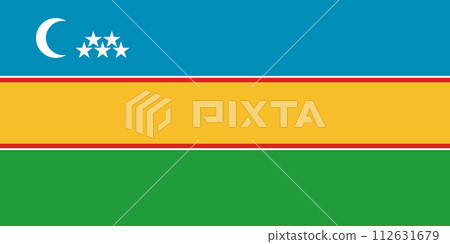 Flag of Karakalpakstan (Republic of Uzbekistan) horizontal bands of blue, yellow, and green separated by a narrow red and white band, in the blue stripe, are a white crescent moon and five white stars 112631679