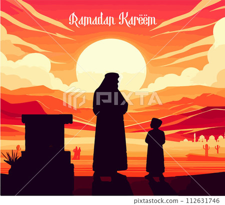 A silhouetted Arab father and child stand by their home, palm trees in Ramdan A silhouetted Arab father and child stand by their home, palm trees in Ramdan 112631746