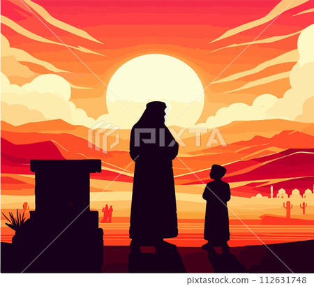 A silhouetted Arab father and child stand by their home, palm trees A silhouetted Arab father and child stand by their home, palm trees 112631748
