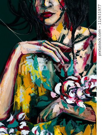 The girl is painted with a palette knife and oil paints on round plywood. The girl is painted with a palette knife and oil paints on round plywood. 112631977