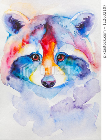 raccoon painted in watercolor on a white background in a realistic manner, colorful, rainbow. Ideal for teaching materials, books and nature-themed designs. raccoon painted in watercolor on a white background in a realistic manner, colorful, rainbow. Ideal for teaching materials, books and nature-themed designs. 112632107