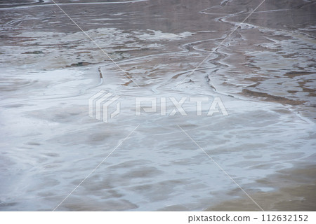 Muddy waters in a decantation pond. Toxic residuals from a copper mine decating in a settling basin Muddy waters in a decantation pond. Toxic residuals from a copper mine decating in a settling basin 112632152