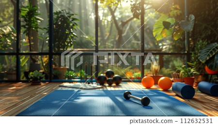 Yoga Mat on Wooden Floor in Front of Window 112632531