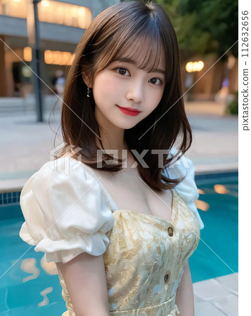 A woman with long hair smiling gently at the hotel pool 112632656