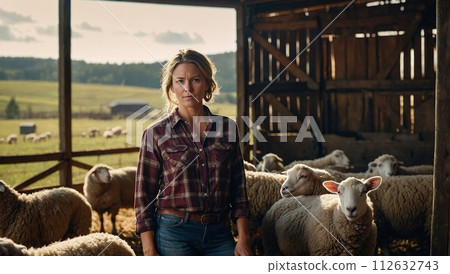 Happy farmer woman in plaid shirt with sheep in barn on farm. 112632743