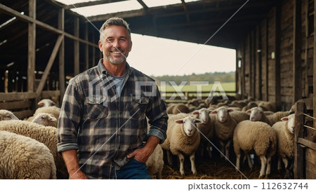 Happy male farmer in plaid shirt with sheep in barn on farm. Happy male farmer in plaid shirt with sheep in barn on farm. 112632744