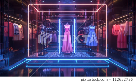 Futuristic concept of elite fashion clothing shop, neon, cyberpunk Futuristic concept of elite fashion clothing shop, neon, cyberpunk 112632756