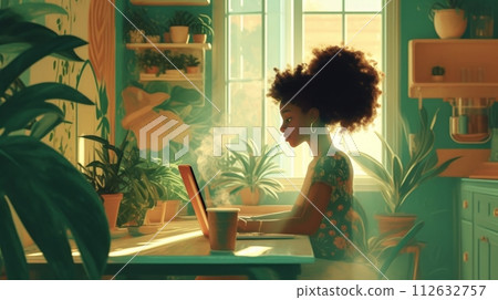 Illustration of cozy home office where a woman is working on a laptop, surrounded by plants and a steaming cup of coffee Illustration of cozy home office where a woman is working on a laptop, surrounded by plants and a steaming cup of coffee 112632757