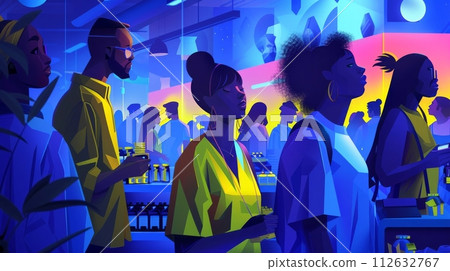 Illustration of a diverse group of people shopping, stylised, dynamic 112632767