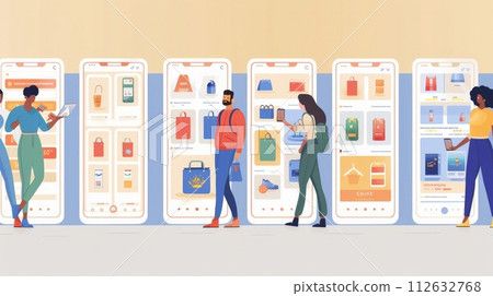 Illustration of a diverse group of shoppers browsing through virtual aisles on a digital marketplace platform 112632768
