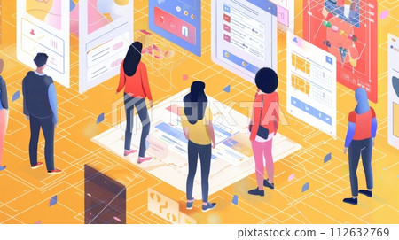 Illustration of a diverse group of shoppers browsing through virtual aisles on a digital marketplace platform 112632769