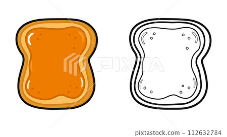 Toast piece of bread with peanut butter characters bundle set. Vector hand drawn cartoon kawaii illustration. Cute Toast piece bread with peanut butter. Outline cartoon illustration for coloring book 112632784