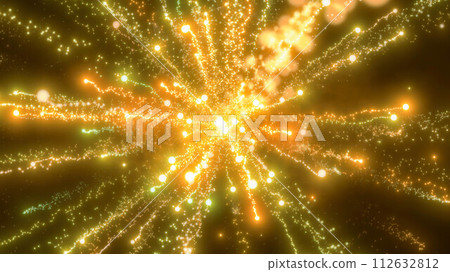 Yellow festive bright energy magical fireworks salute explosion with light rays lines and energy particles. Abstract background 112632812