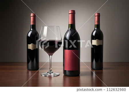 Elegant Red Wine Presentation With Glass and Three Bottles on a Burgundy Background Elegant Red Wine Presentation With Glass and Three Bottles on a Burgundy Background 112632980