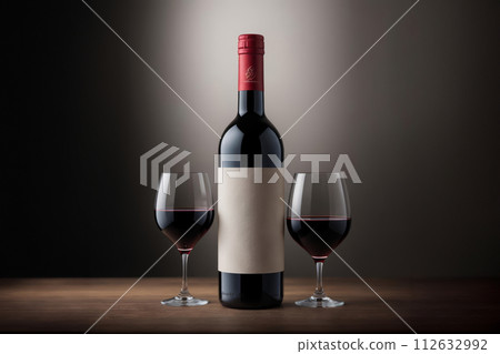 Elegant Red Wine Presentation With Two Glasses and a Bottle on a Burgundy Background 112632992