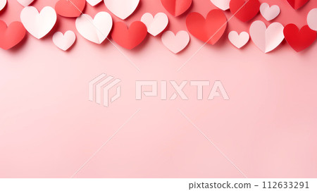 A banner with copy space, arrangement of red and white paper hearts delicately positioned along the upper edge on pastel pink background, creating an atmosphere of love, affection, and sentimentality 112633291