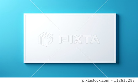 A simplicity and elegance design, blank white rectangular mock up on a vibrant turquoise blue wal, the frame stands out against colorful background, creating a visually striking contrast, copyspace 112633292