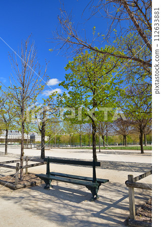 法國巴黎。杜樂麗花園,帶椅子的景觀。攝於 2021 年 4 月 7 日。 法國巴黎。杜樂麗花園,帶椅子的景觀。攝於 2021 年 4 月 7 日。 112633881