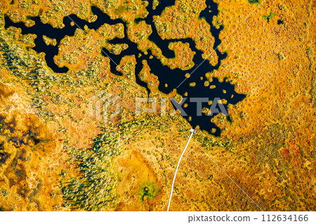 Miory District, Vitebsk Region, Belarus. The Yelnya Swamp. Aerial View Of Yelnya Nature Reserve Landscape. Narrow Wooden Hiking Trail Winding Through Marsh. Cognitive Boardwalk Trail Over A Wetland Miory District, Vitebsk Region, Belarus. The Yelnya Swamp. Aerial View Of Yelnya Nature Reserve Landscape. Narrow Wooden Hiking Trail Winding Through Marsh. Cognitive Boardwalk Trail Over A Wetland 112634166