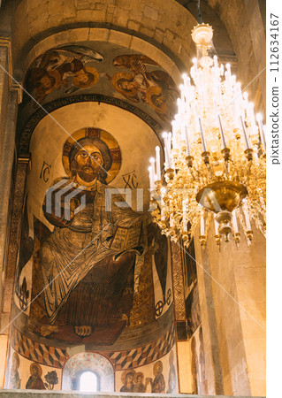 Mtskheta, Georgia. Close The Image Of Jesus Christ On The Fresco At The Inner Wall Of Svetitskhoveli Cathedral Of The Living Pillar, Ancient Georgian Orthodox Church. Fresco, Frescoes 112634167