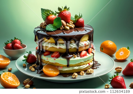 fruit cake with strawberry cream, nuts, tangerines 112634189