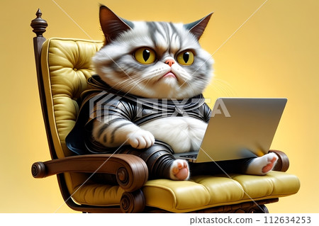 a fat cat plays on a laptop while sitting in a chair. a fat cat plays on a laptop while sitting in a chair. 112634253