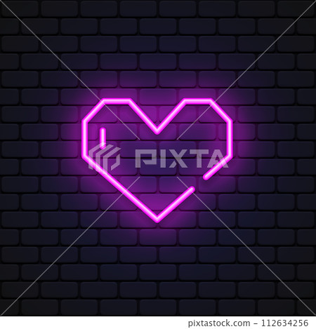 Bright heart. Neon sign. Retro neon heart sign on purple background. Design element for Happy Valentine's Day. Vector illustration Bright heart. Neon sign. Retro neon heart sign on purple background. Design element for Happy Valentine's Day. Vector illustration 112634256