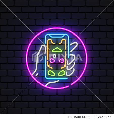 Pinball in smartphone neon sign, bright signboard, light banner. Vector illustration 112634268