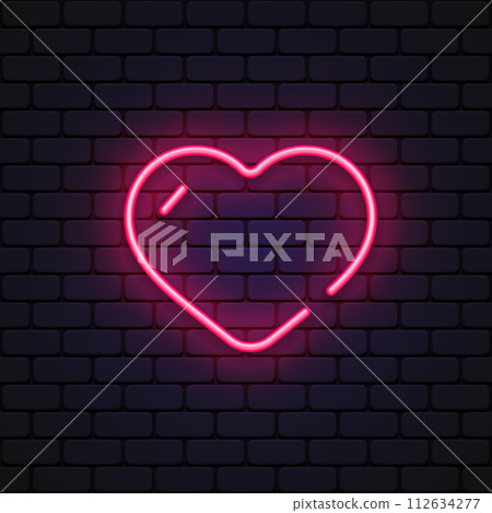 Bright heart. Neon sign. Retro neon heart sign on purple background. Design element for Happy Valentine's Day. Vector illustration Bright heart. Neon sign. Retro neon heart sign on purple background. Design element for Happy Valentine's Day. Vector illustration 112634277