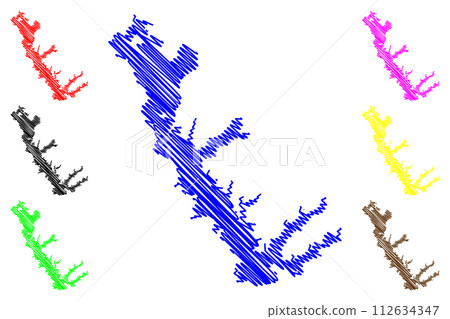 Lake Cedar Creek Reservoir (United States of America, North America, us, usa, Texas) map vector illustration, scribble sketch Joe B. Hogsett Dam map 112634347