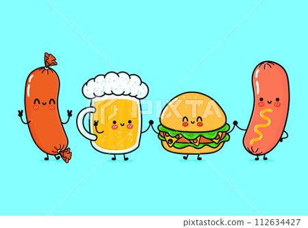Cute, funny happy glass of beer, sausage with mustard and hamburger. Vector hand drawn cartoon kawaii characters, illustration icon. Funny happy glass of beer sausage with mustard hamburger friends 112634427