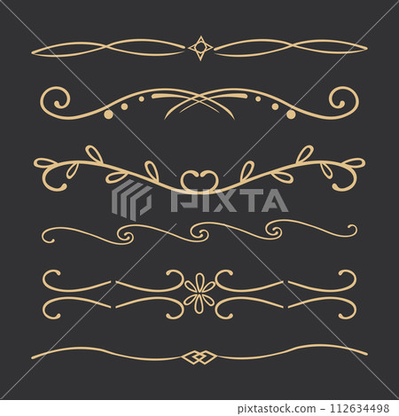 Elegant gold divider thin line classic deco border separator collection isolated on dark background. Florish arnament, embelish. Elegant gold divider thin line classic deco border separator collection isolated on dark background. Florish arnament, embelish. 112634498
