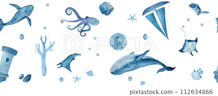 Watercolor hand-drawn multidirectional blue monochromatic border isolated on white. Whales, manta rays, shells, starfish, jellyfish and octopus Watercolor hand-drawn multidirectional blue monochromatic border isolated on white. Whales, manta rays, shells, starfish, jellyfish and octopus 112634866