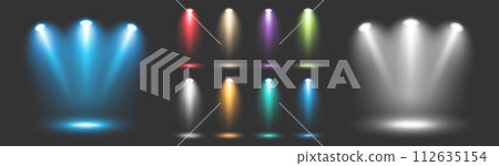 A large set of colored spotlights to illuminate the stage with rays on a dark background. A large set of colored spotlights to illuminate the stage with rays on a dark background. 112635154