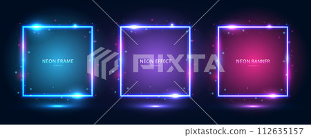 Square neon frames with shining effects, highlights and inscriptions on a dark blue background. Square neon frames with shining effects, highlights and inscriptions on a dark blue background. 112635157