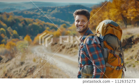 Happy man with backpack for hiking mountain, travel or sightseeing 112635273