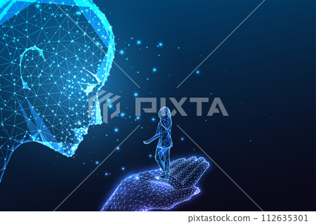 Artificial intelligence future concept. Giant robotic face interacts with human girl silhouette 112635301
