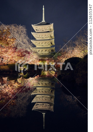 Toji五層寶塔和彩色的葉子 112635347