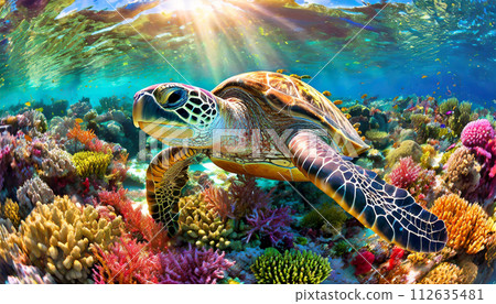 Beautiful Sea Turtle Swimming Gracefully Underwater in a Vibrant Coral Reef. Generative Ai 112635481