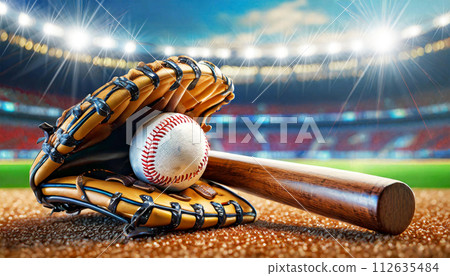 Baseball Glove with Wooden Bat and Ball on a Baseball Field - Generative Ai Baseball Glove with Wooden Bat and Ball on a Baseball Field - Generative Ai 112635484