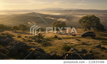 Seat Arona small black SUV car in european mountain landscape road at sunset Seat Arona small black SUV car in european mountain landscape road at sunset 112635486