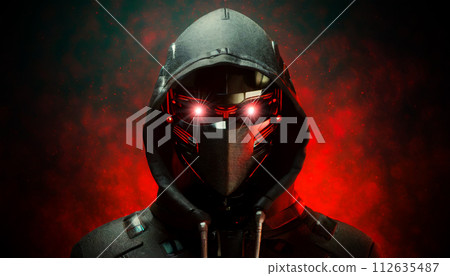 Anonymous Humanoid Robot Wearing a Black Hoodie Looking at Camera - Generative Ai 112635487