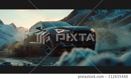 Seat Arona small black SUV car in european mountain landscape road at sunset 112635488